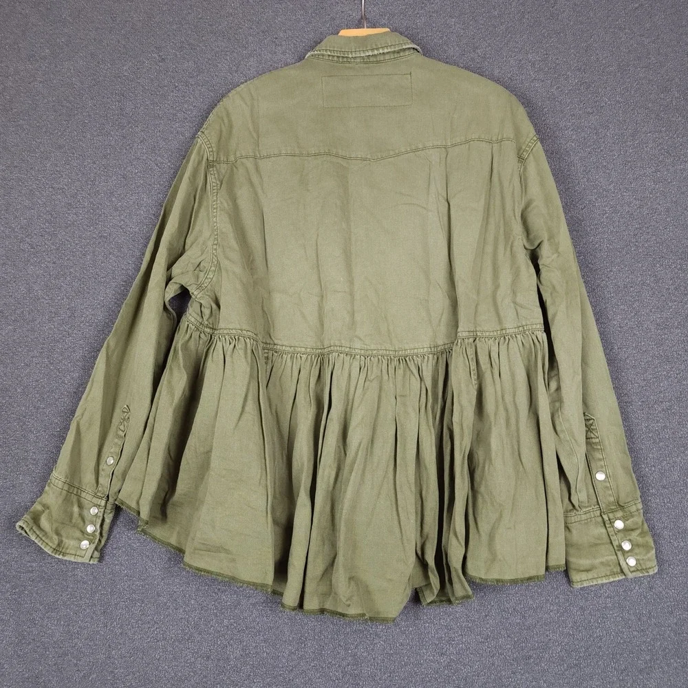 Free People We The Free Olive Green Western Peplum Snap Button Shirt‎ Small